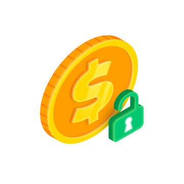 Unlock money 3D icon. Vector Isometric gold dollar coin with unlocked padlock. Unlock money secret icon, financial opportunity symbol. Make money access, money protection sign for web, app, advert