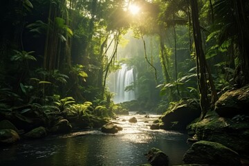 Waterfall tucked away within the dense foliage of the Amazon, emphasizing the hidden gems of this remarkable ecosystem. Generative Ai