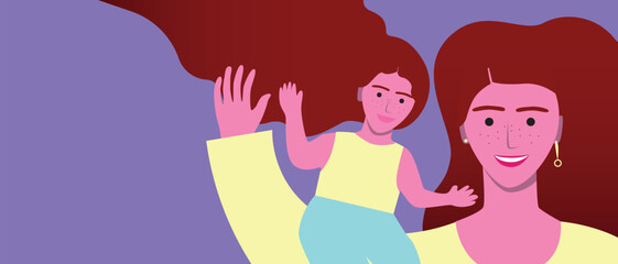 Mom and daughter with hugs like copy space template for design, concept of motherhood, flat vector stock illustration