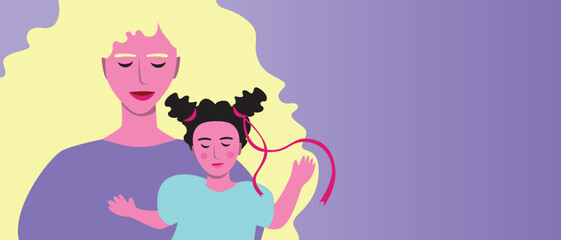 Mom and daughter hug like cute copy space template for design, flat vector stock illustration