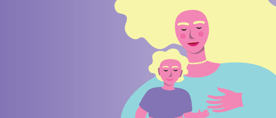 Mom with a child as a concept of motherhood, family for mother's day and a place for text, flat vector stock illustration
