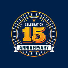 Birthday badge and label anniversary, 15 years jubilee seal, party number mark. Birthday anniversary celebration sticker, wedding jubilee party vector, age symbol or marriage holiday greeting sign