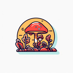 A modern line art style icon of [autumn], showcasing a mushroom foraging scene. The pixel-perfect design uses bold outlines and solid colors created with generative AI software.