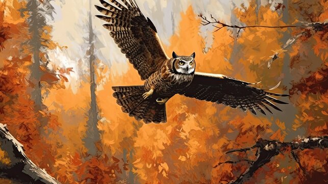An owl is flying over a fall forest Generative Ai