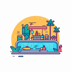 A [summer] icon illustrating a pool party scene, created in a modern line art style. The icon, detailed with bold outlines and solid colors created with generative AI software
