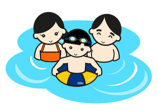 水泳を楽しむ親子三人