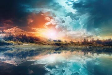 Fototapeta na wymiar Sunset dramatic sky reflects over the lake on the planet. Generative AI.