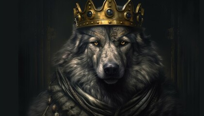 The wolf wearing a gold crown Generative Ai
