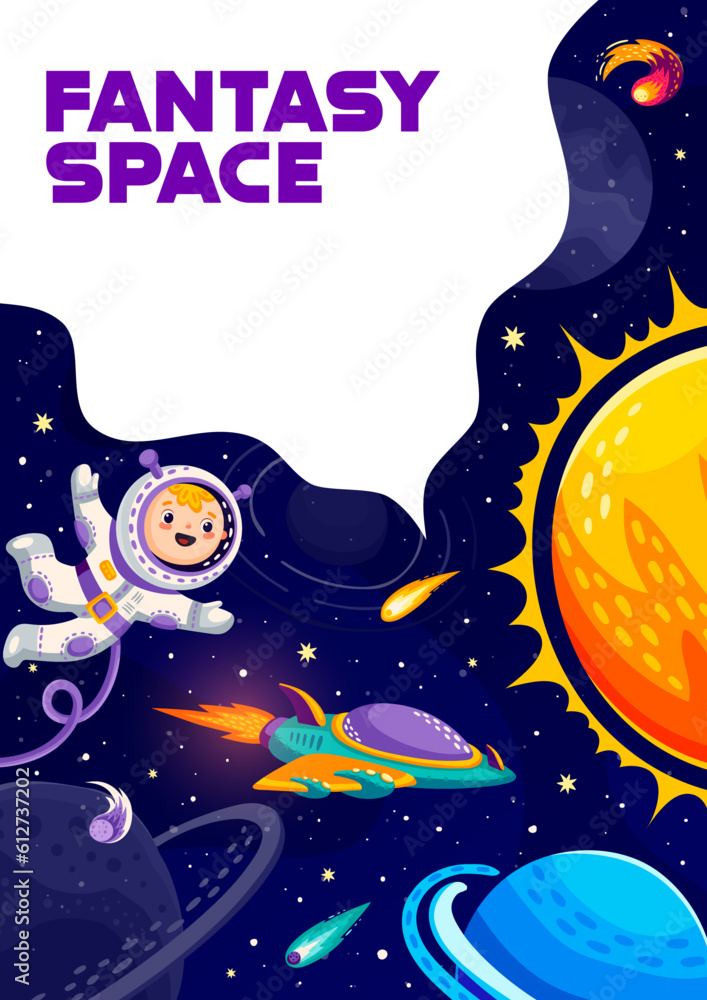 Poster cartoon space poster with kid astronaut, sun, planets and spaceship. outerspace adventure, cosmos di