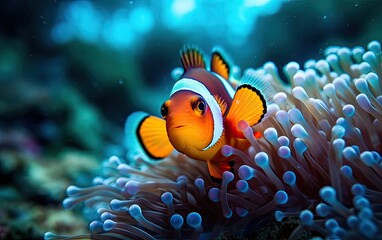 Fototapeta na wymiar Ocellaris clownfish swim on the coral deep in the sea. Generative AI.