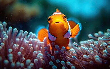 Naklejka na ściany i meble Ocellaris clownfish swim on the coral deep in the sea. Generative AI.