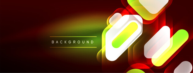 Neon lines, squares and round shapes abstract background. Techno glowing neon hexagon shapes vector illustration for wallpaper, banner, background, landing page, wall art, invitation, prints, posters