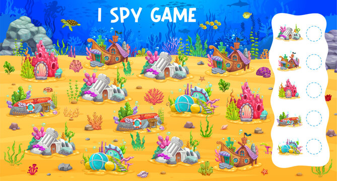 I spy game. Cartoon fairytale underwater house buildings. Children counting game, kids object finding vector puzzle worksheet with coral reef, castle ruins, sunken submarine and ship fairy dwellings
