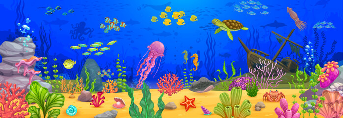 Underwater landscape, cartoon vector background with sunken ship, rocks and seaweeds, coral reef and animals. Turtle, jellyfish, squid and fish shoal silhouettes in ocean. Water aquatic tropical life