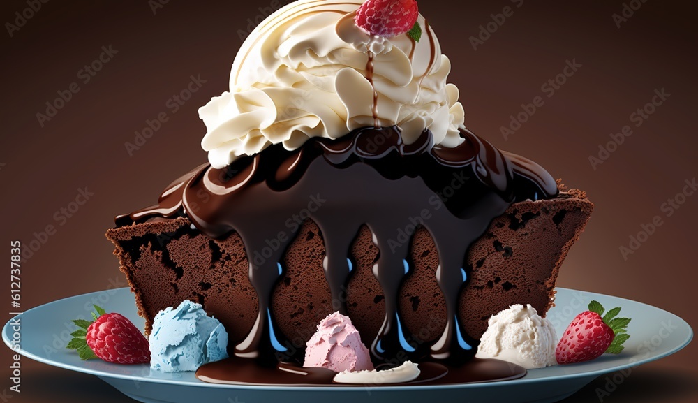 Poster chocolate cake layered with ice cream and whipped topping generative ai