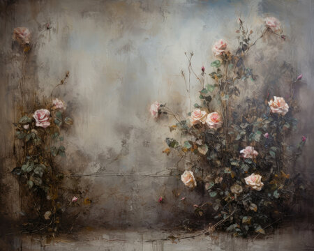 Rose Roses on a Old Wall. Grunge Background with Flowers. Generative ai illustration