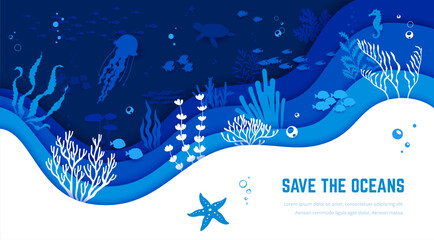Save the ocean. Sea animals and seaweeds on paper cut underwater landscape. Vector awareness about the beauty and fragility of marine life, preserving ocean and its inhabitants for future generations