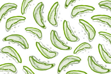 Thinly sliced slices of green fresh Aloe Vera. Background of the Aloe. Lots of slices of Aloe