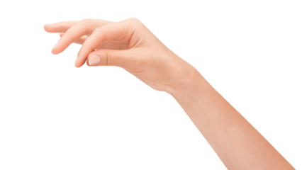 Woman hand holding something small with two fingers isolated on white background. Transparent PNG