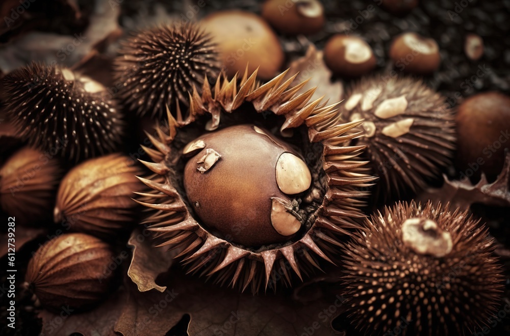 Poster macro chestnuts. chestnuts and hedgehogs both crash to the floor. generative ai