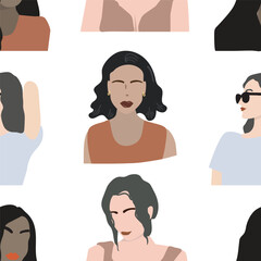 Seamless pattern  portraits of beutiful girls in abstract stule. Fashion trend vector illustration. Social media avatar set.