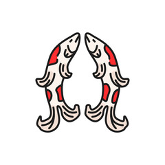 Fish prana and carp buddhism religion color outline icon. Vector retro symbol of Buddhism, carp fish symbolize auspiciousness, Ganges and Yamuna nadi sign