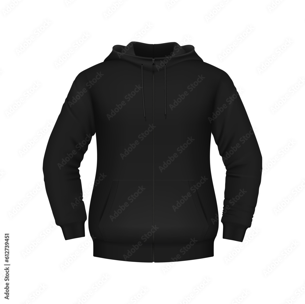 Wall mural Hoodie, black sweatshirt 3d vector mockup for men and boys front view. Isolated comfortable and versatile garment, made of fleece, with hood and kangaroo pocket, casual streetwear fashion - Wall murals