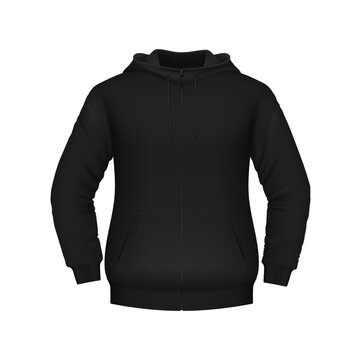 Hoodie, black sweatshirt 3d vector mockup for men and boys front view. Isolated comfortable and versatile garment, made of fleece, with hood and kangaroo pocket, casual streetwear fashion