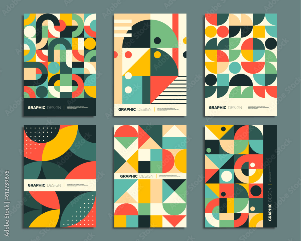 Poster bauhaus posters with geometric abstract patterns of vector circle, square, triangle and dot shapes. 