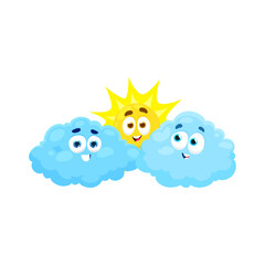 Cartoon cloud and sun weather characters. Vector cute, playful blue fluffy clouds with smiling faces and yellow solar personages with happy expression. Forecast, balance between sunny and cloudy days