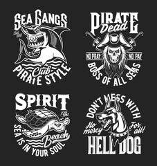 Shark, turtle, Doberman and pirate captain skull mascots and t-shirt prints, vector emblems. Sea gang sport club, marine adventure team or summer beach travel t shirt prints with tagline slogans