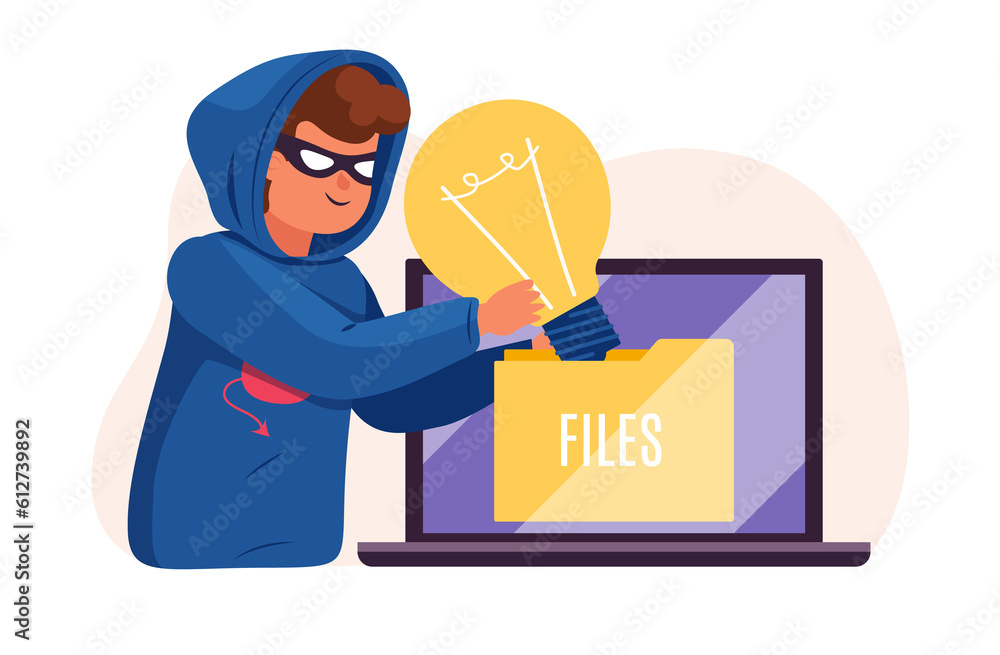 Poster idea theft, plagiarism, man in mask stealing light bulb idea from another owner. hacker works on lap