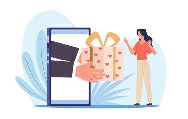 Woman gets box with gift from her phone screen, loyalty program and bonus, internet shopping, sale and discount, product promotion. Cartoon flat isolated png online reward concept