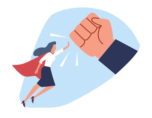 Fototapeta na wymiar Strong woman stops man fist and protests against domestic violence and abuse of women. Flying hero in flowing cape and suit. Fight for rights. Cartoon flat style isolated png concept