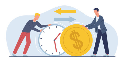 Exchanging time and effort for money and getting paid for work. Men hold huge clock and cold coin. Cost of hour metaphor. Working minutes. Cartoon flat style isolated png concept