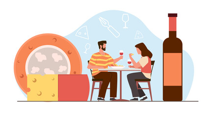 Alcohol tasting, man and woman having fun and tasting wine and cheese. Degustation in cafe or restaurant. Relaxing persons at date cartoon flat illustration. png tiny people concept