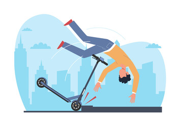 Guy without helmet falls off electric scooter and flies over handlebars. Incident on road, injured person. Broken vehicle. Riding on bike boy. Cartoon flat style isolated png concept