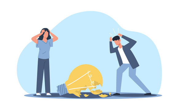 Broken light bulb as symbol of collapse of an idea, failure and hardship. Unsuccessful business brainstorming. Inspiration crisis. Sad man and woman cartoon flat illustration. png concept