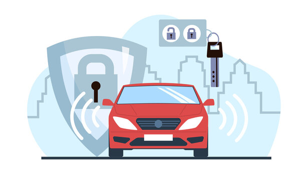 Car alarm, anti theft system. Automobile protection from hijacking. Remote key and shield at car with padlock. Auto signaling, loud siren noise, safety transport. Cartoon flat png concept