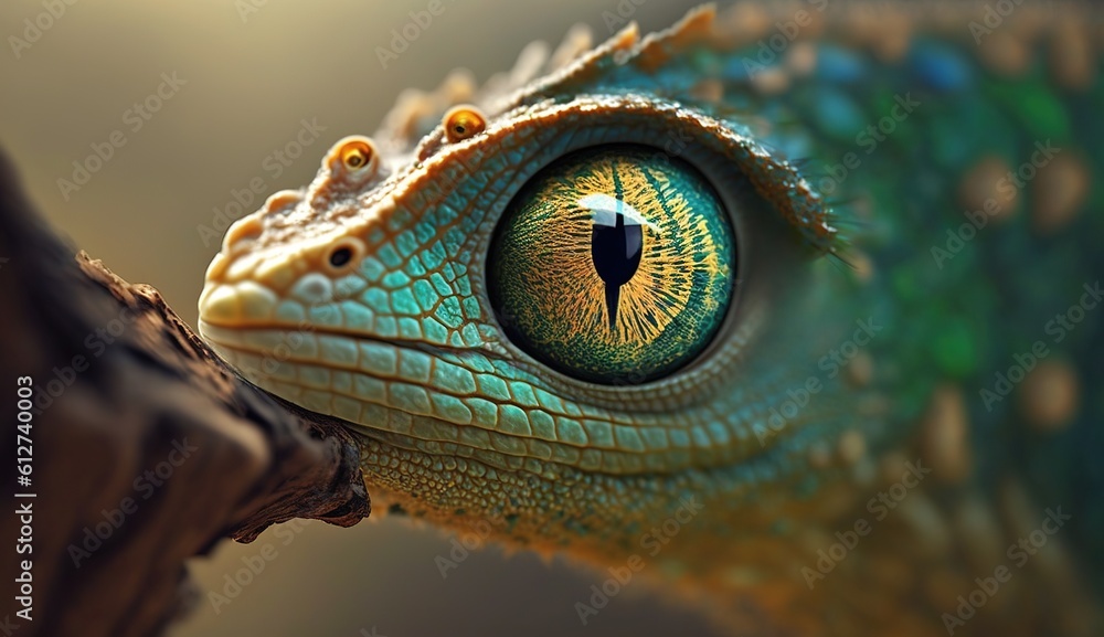 Poster a chameleon that only uses one eye and looks to the side generative ai