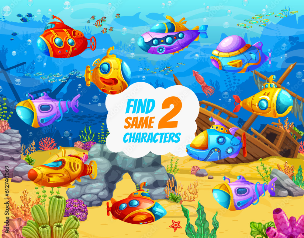 Aufkleber Cartoon underwater submarines and bathyscaphe. Find a correct shadow on bottom landscape. Same objects finding kids game or quiz vector worksheet with fantastic funny submarines, sea bottom background