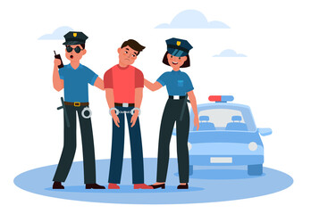 Two policemen and woman arrested criminal and handcuffed him. Lawbreaker punishment. Detention of male citizen, cops and hooligan character. Cartoon flat style isolated png concept - obrazy, fototapety, plakaty