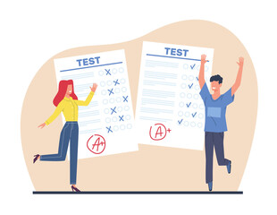 Young smiling girl student and boy are happy with high results of exam. Smart man and woman rejoice in success on test at university or college cartoon flat style isolated png concept