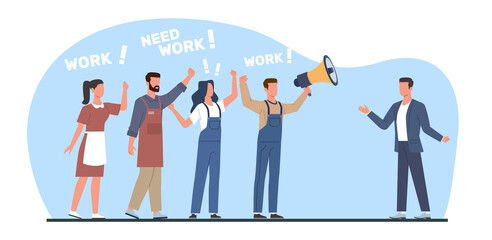 Workers demand jobs from management representative, concept of unemployment. Industrial action, economical crisis, bankrupt company, protest demonstration png cartoon flat illustration