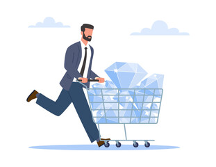 Successful businessman running with cart full of diamonds as symbol of highly profitable business. Rich lucky man, entrepreneur pushing wheelbarrow with gems, cartoon flat png concept