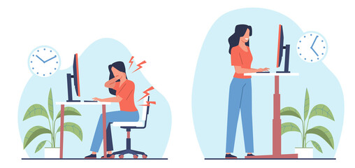 Woman works in an office sitting at computer or standing using standing desk. Home or office workplace. Ergonomic table, healthy workstation. Cartoon flat style isolated png concept