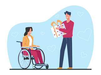 Young man gives gift to woman in wheelchair. Disabled people celebrate birthday party, volunteer boy congratulate girl with surprise present. Cartoon flat style isolated png concept