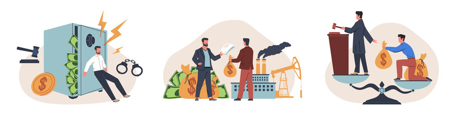 Corruption scenes. Concealment of income and tax evasion, judge bribery, financial fraud, people illegal activities, crimes for money, cartoon flat isolated illustration. Nowaday png set