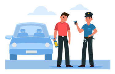 Police officer stops drunk driver and suggests he take breathalyzer test. Alcohol testing. Man character holding bottle. Dangerous behavior on the road. Cartoon flat isolated png concept