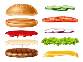 Realistic burger ingredients kit. Isolated 3d wheat bun with sesame seeds, ketchup, mayonnaise, vegetables and meat patty, onion and cheese, delicious fast food constructor utter png set